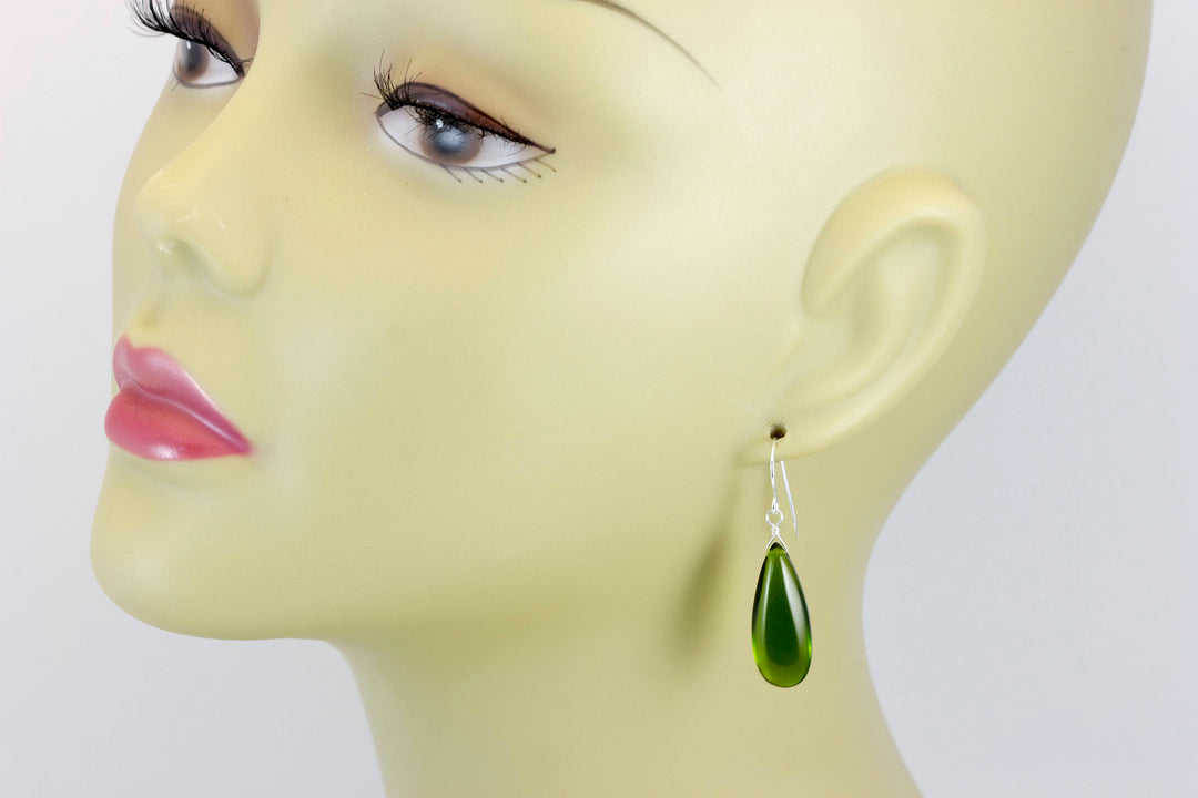 Peridot Green Earrings Smooth Long Simulated Peridot Teardrop Drop Dangle Sterling Silver or 14k Solid Gold or Filled Simple Classic 1.6 In