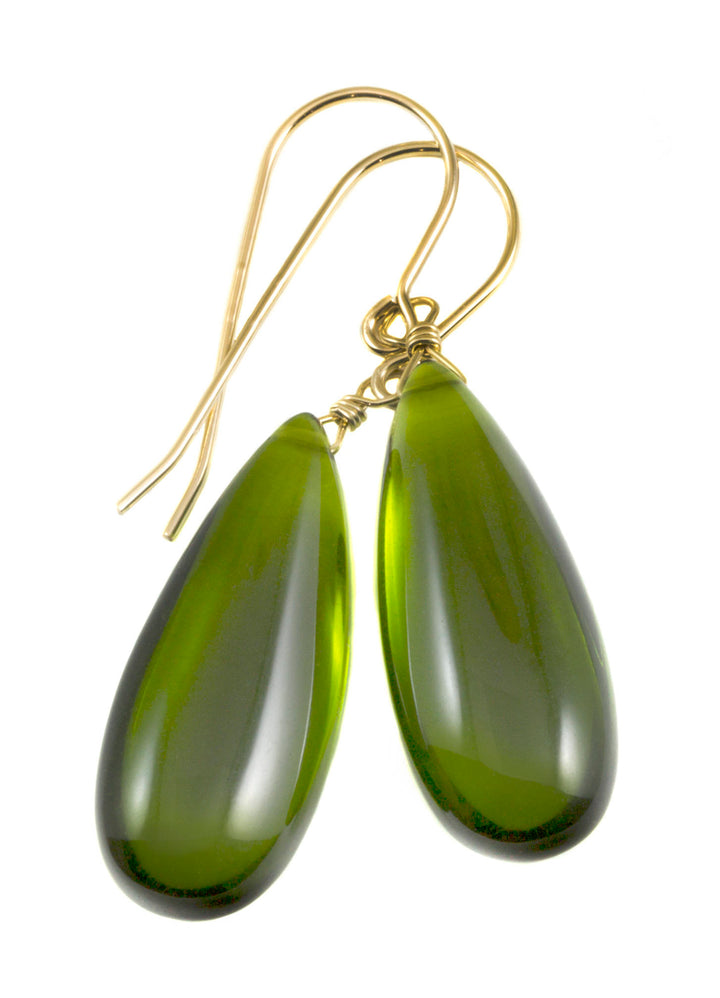 Peridot Green Earrings Smooth Long Simulated Peridot Teardrop Drop Dangle Sterling Silver or 14k Solid Gold or Filled Simple Classic 1.6 In
