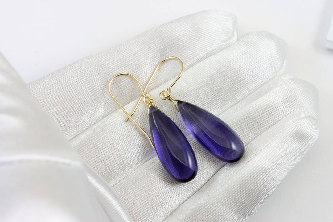 Blue Tanzanite Earrings Smooth Long Simulated Tanzanite Teardrop Drop Dangle Sterling Silver or 14k Gold Filled Simple Classic 1.6 Inches