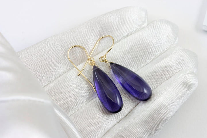 Blue Tanzanite Earrings Smooth Long Simulated Tanzanite Teardrop Drop Dangle Sterling Silver or 14k Gold Filled Simple Classic 1.6 Inches