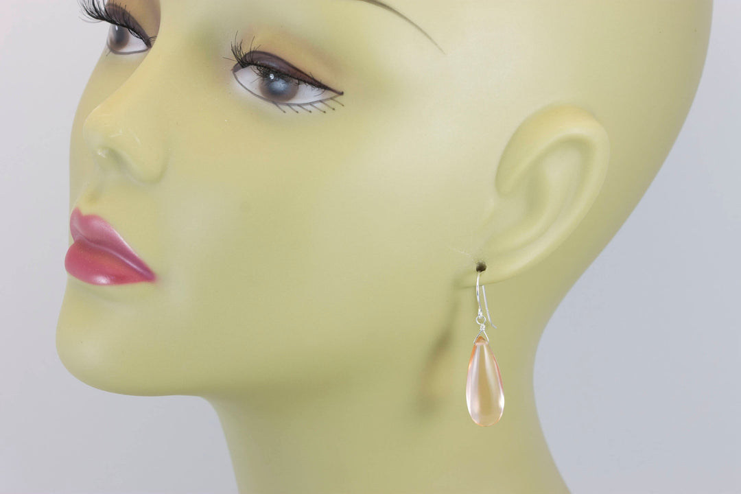 Peach Morganite Earrings Smooth Long Simulated Pink Morganite Teardrop Drop Dangle Sterling Silver or 14k Gold Filled Classic 1.6 Inches