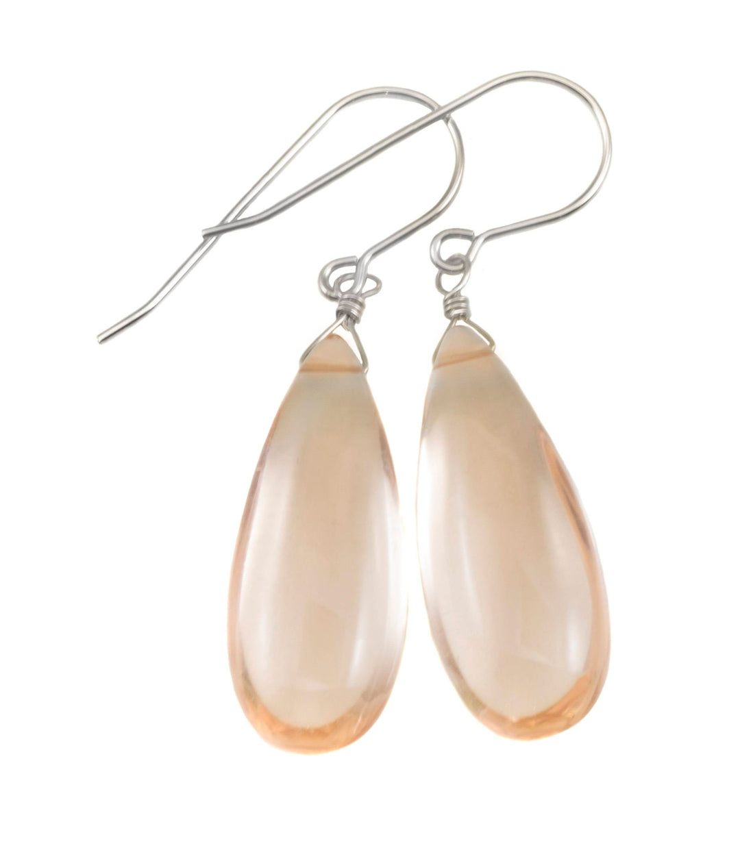 Peach Morganite Earrings Smooth Long Simulated Pink Morganite Teardrop Drop Dangle Sterling Silver or 14k Gold Filled Classic 1.6 Inches