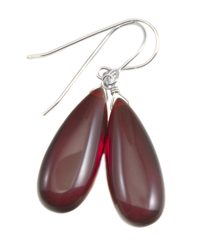 Ruby Red Earrings Smooth Long Simulated Ruby Teardrop Drop Dangle Sterling Silver or 14k Solid Gold or Filled Classic Simple Rich Red 1.6 In