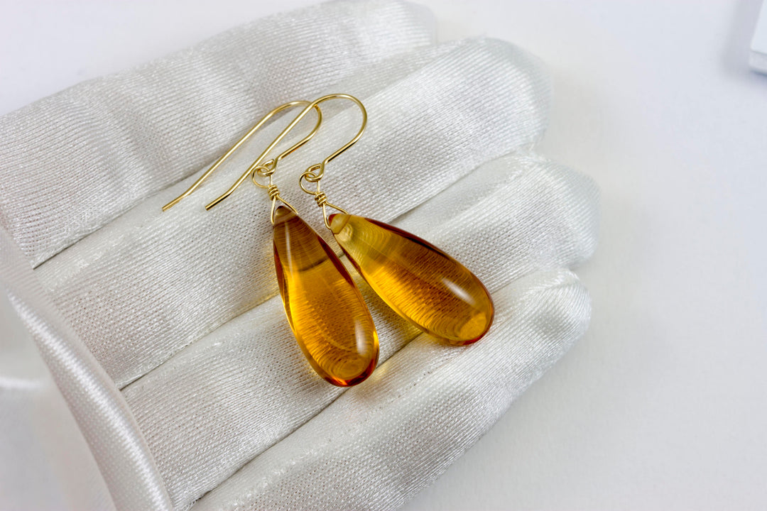 Citrine Earrings Smooth Yellow Long Simulated  Teardrop Drop Dangle Sterling Silver or 14k Solid Gold or Filled Classic Simple Rich 1.6