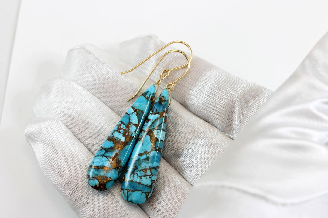 Copper Blue Turquoise Earrings Large Long Sterling Silver or 14k Solid Yellow Gold or Filled Mosaic Veining Simple Drops Spyglass  2 Inch