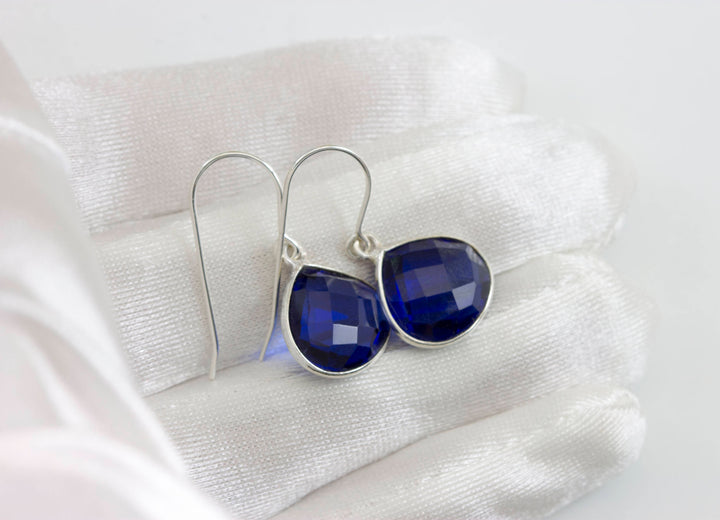 Sapphire Blue Earrings Faceted Simulated Sapphire Heart Teardrop Drop 14k Solid Gold or Filled or Sterling Silver Bezel Classic Simple