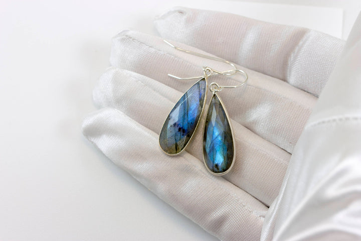 Blue Flash Labradorite Earrings large Simple Drops Bezel faceted teardrops Dangle Sterling Silver or 14k Solid Gold Blue Flash 1.5 Inches