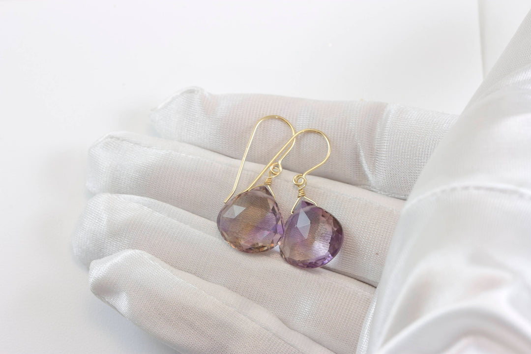 Ametrine Earrings Faceted Heart Briolettes 14k Gold or Sterling Silver or 14k Solid Gold or Filled Natural Purple Lavender Large Heart Drops