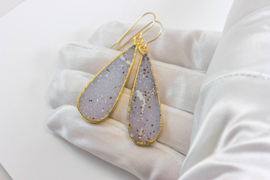 Drusy Earrings Long Light Gray Druzy Teardrop 14k Gold Filled Druzy Paired Natural Quartz Large Drops Electroplate Sides 2 Inches