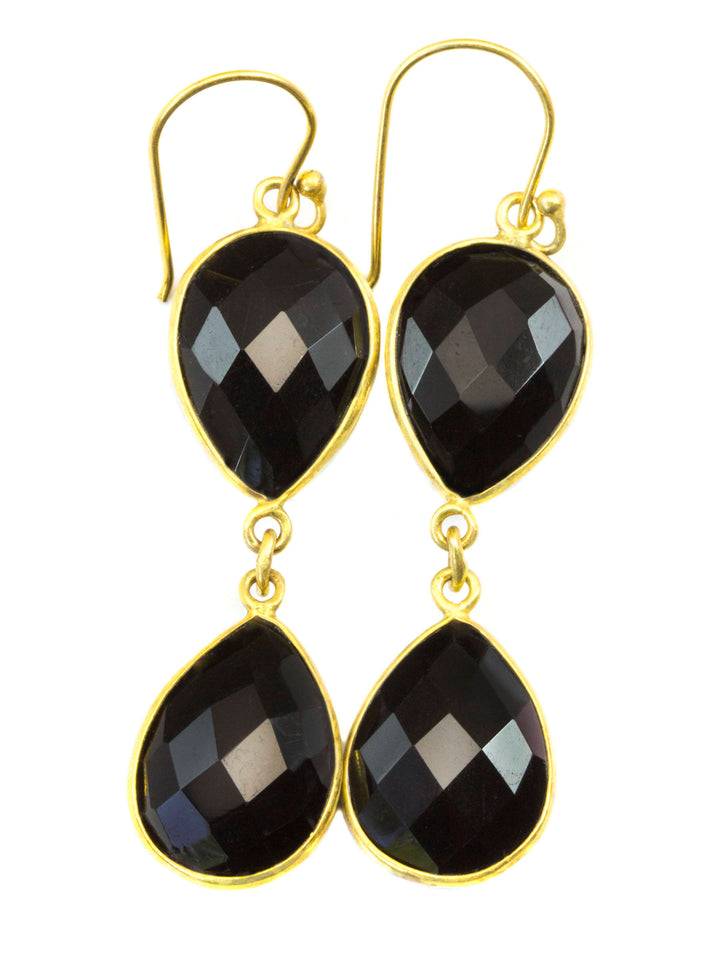Black Spinel Earrings Bezel Set Faceted Large Teardrop Gold 14k solid Gold or Filled Double hung natural drops 2 Inches