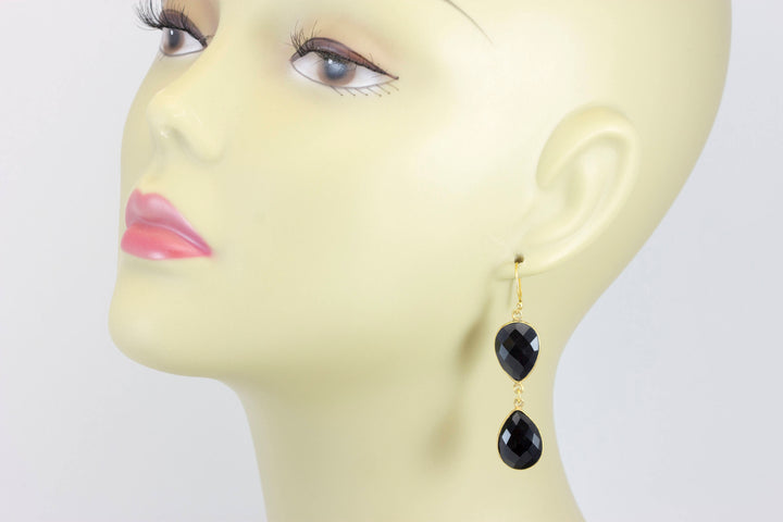 Black Spinel Earrings Bezel Set Faceted Large Teardrop Gold 14k solid Gold or Filled Double hung natural drops 2 Inches
