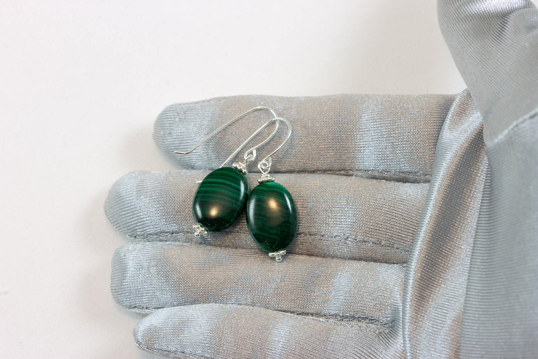 Malachite Earrings Green Oval shaped smooth Natural Dangle Drops Sterling Silver, 14k solid  gold or 14k Gold Filled simple design Striped