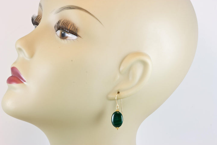 Malachite Earrings Green Oval shaped smooth Natural Dangle Drops Sterling Silver, 14k solid  gold or 14k Gold Filled simple design Striped