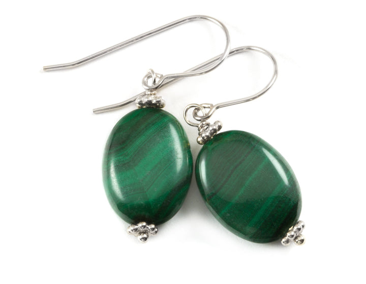 Malachite Earrings Green Oval shaped smooth Natural Dangle Drops Sterling Silver, 14k solid  gold or 14k Gold Filled simple design Striped