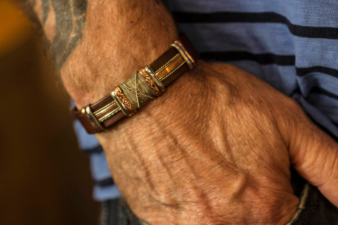 Leather Sterling Silver Bracelet Man's Cuff Adjustable for Men Copper Brass Wrapped Unique Mens Large Brown or Black High Quality 7 8  Inch