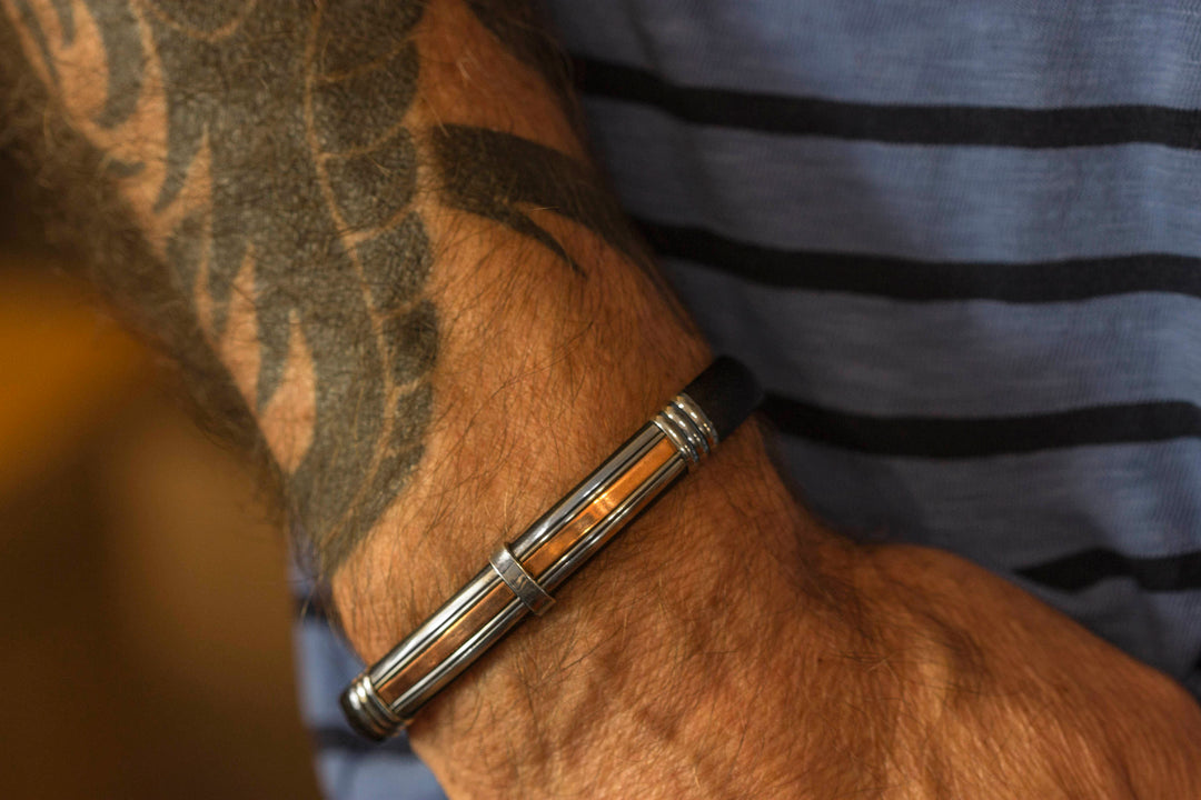 Leather Sterling Silver Bracelet Man's Cuff Adjustable for Men Brass Wrapped Unique Mens Medium Brown or Black High Quality 8 9 Inch