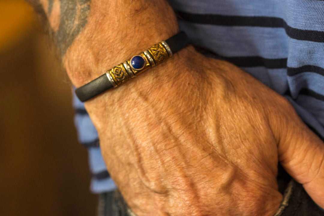 Leather Sterling Silver Bracelet Man's Womens Cuff Adjustable Copper Brass Wrapped Unique Blue Turquoise or Lapis Black Quality 8 9 Inch