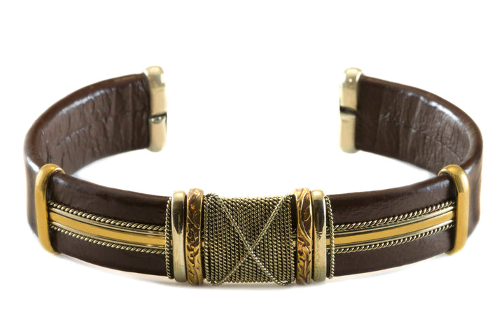 Leather Sterling Silver Bracelet Man's Cuff Adjustable for Men Copper Brass Wrapped Unique Mens Large Brown or Black High Quality 7 8  Inch