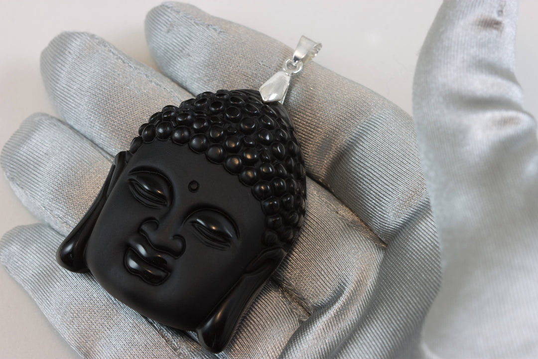 Buddha Necklace Pendant Black Carved Obsidian Sterling or Gold Plate Bail large Carved Head Obsidian Black Stone Bezel Set Men's Man Women