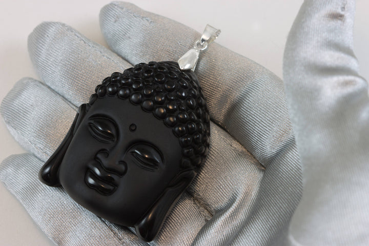 Buddha Necklace Pendant Black Carved Obsidian Sterling or Gold Plate Bail large Carved Head Obsidian Black Stone Bezel Set Men's Man Women