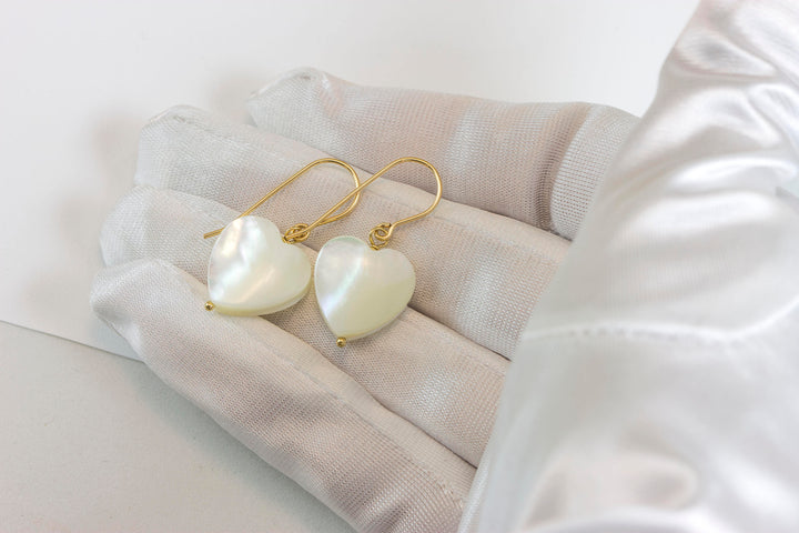 Mother of Pearl Earrings White Shell Heart Shaped Teardrop Natural 14k Solid Gold or Filled or Sterling Silver  High Luster Simple Drops MOP