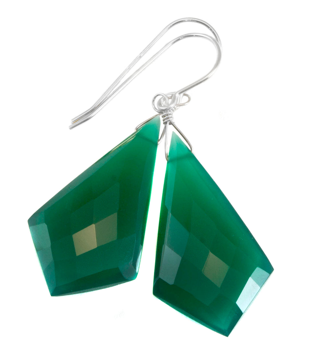 Green Onyx Earrings Faceted Large Triangle 2 Inches Teardrop Sterling Silver or 14k solid yellow gold or 14k Gold Fill Emerald Green Drops 2