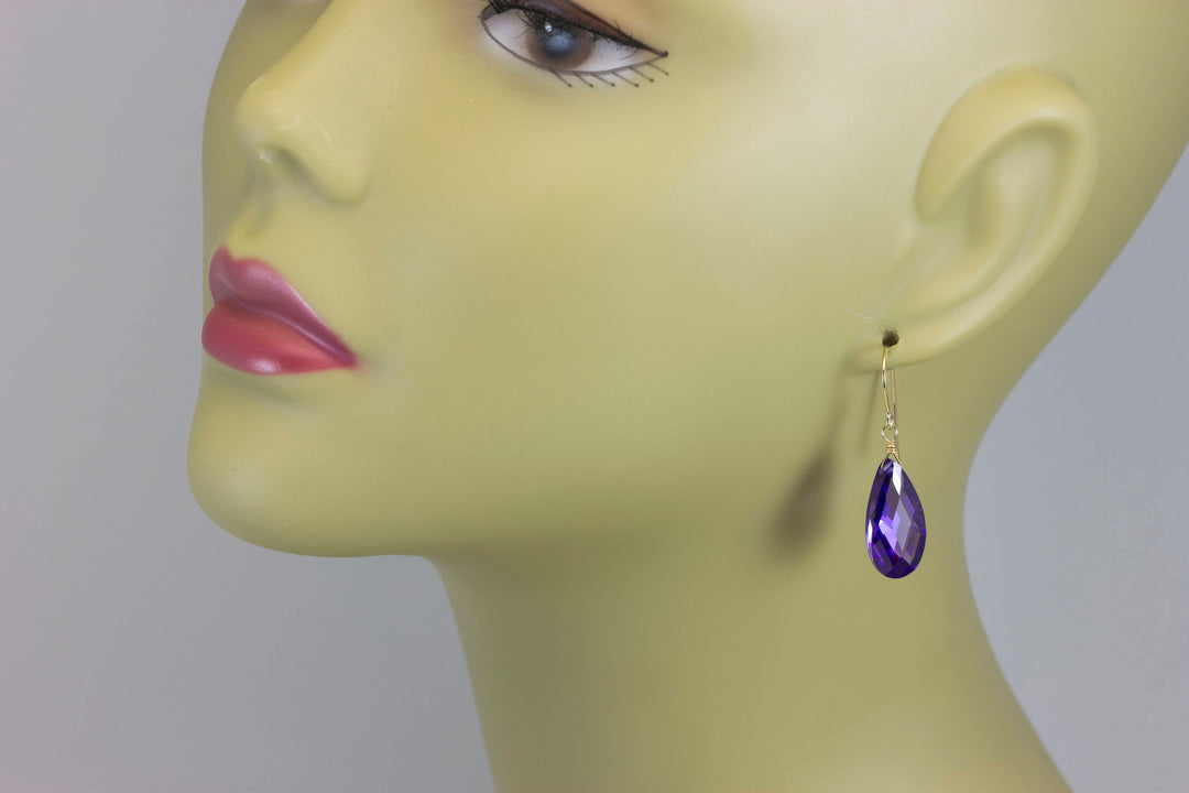 CZ Simulated Tanzanite Earrings Long Faceted Teardrop Briolette Cubic Zirconia Sterling Silver or 14k Solid Gold or Gold Filled Simple Drops