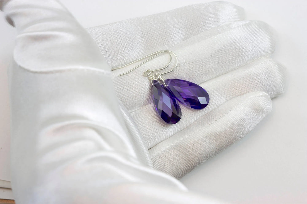 CZ Simulated Tanzanite Earrings Long Faceted Teardrop Briolette Cubic Zirconia Sterling Silver or 14k Solid Gold or Gold Filled Simple Drops - Spyglass Designs