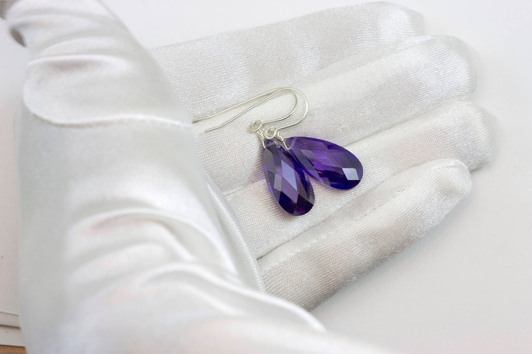 CZ Simulated Tanzanite Earrings Long Faceted Teardrop Briolette Cubic Zirconia Sterling Silver or 14k Solid Gold or Gold Filled Simple Drops