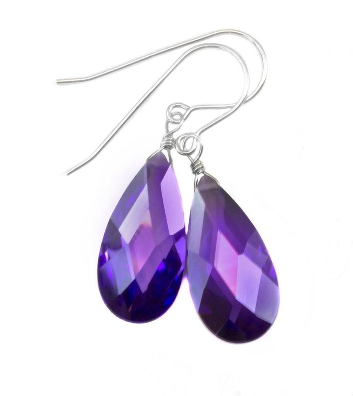 CZ Simulated Tanzanite Earrings Long Faceted Teardrop Briolette Cubic Zirconia Sterling Silver or 14k Solid Gold or Gold Filled Simple Drops
