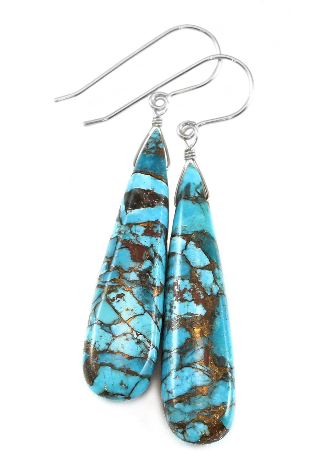 Copper Blue Turquoise Earrings Large Long Sterling Silver or 14k Solid Yellow Gold or Filled Mosaic Veining Simple Drops Spyglass  2 Inch