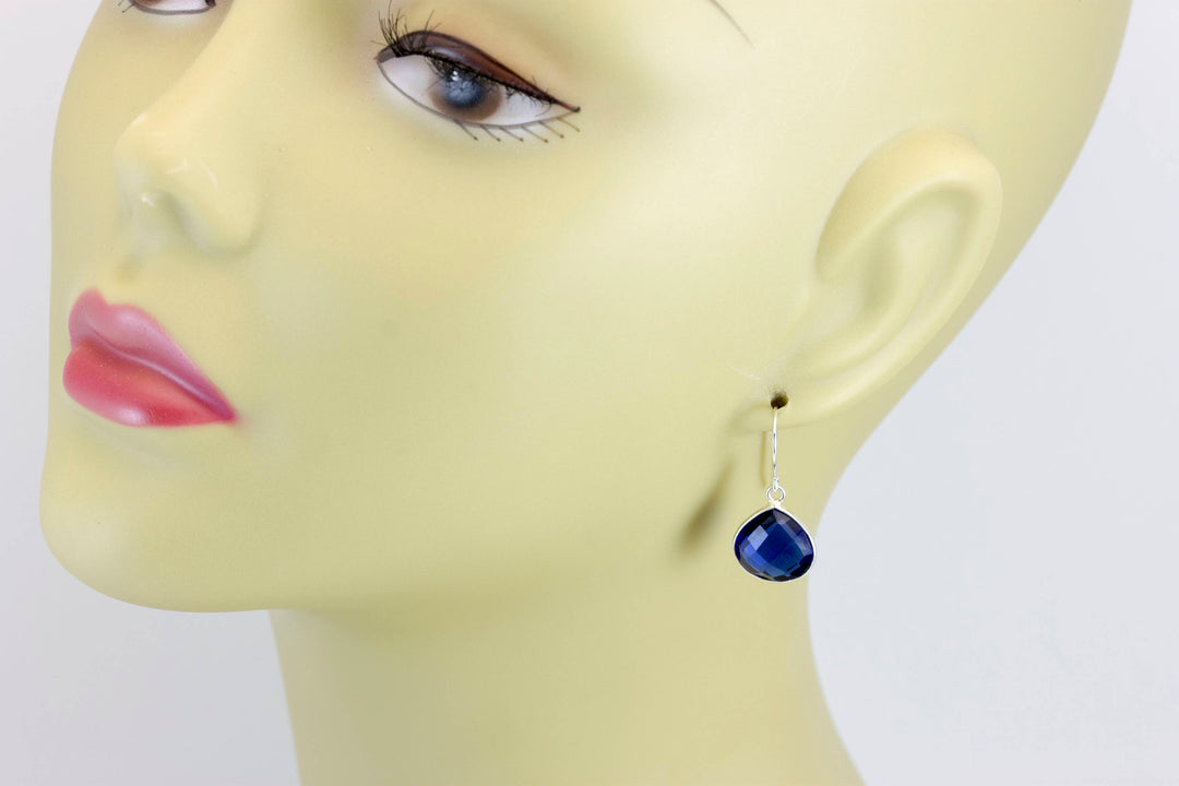 Sapphire Blue Earrings Faceted Simulated Sapphire Heart Teardrop Drop 14k Solid Gold or Filled or Sterling Silver Bezel Classic Simple