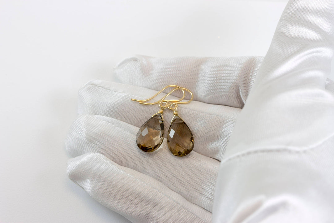 Smoky Quartz Earrings Faceted Pear Teardrop Briolette Smokey Sterling Silver or 14k Gold Filled or 14k solid gold simple everyday drops