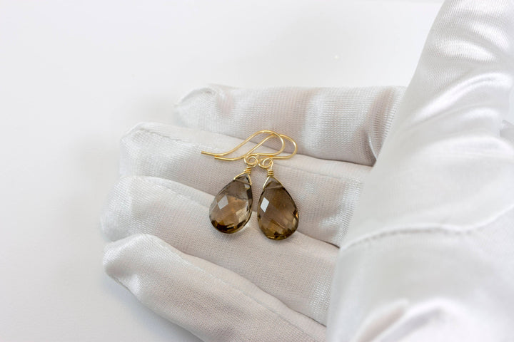 Smoky Quartz Earrings Faceted Pear Teardrop Briolette Smokey Sterling Silver or 14k Gold Filled or 14k solid gold simple everyday drops