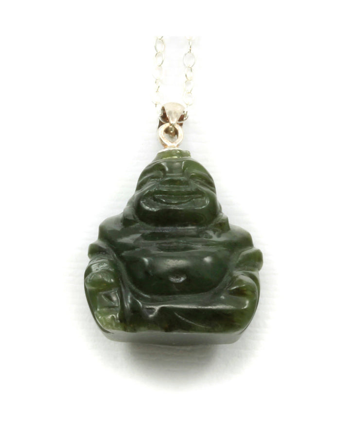 Jade Necklace Green Nephrite Jade Pendant Necklace Buddha Sterling Silver Chain 18 Inches Natural Daily Wear Happy Sitting Smiling