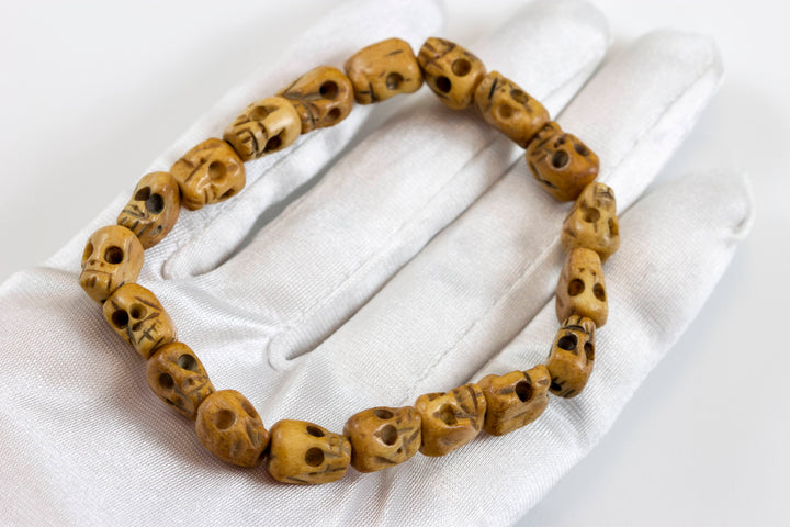 Skull Bracelet Carved Bone White Cream Or Brown  Bone Skulls 8 Inch Women Man Men's Bracelet Stretchy Tibetan Prayer Beads