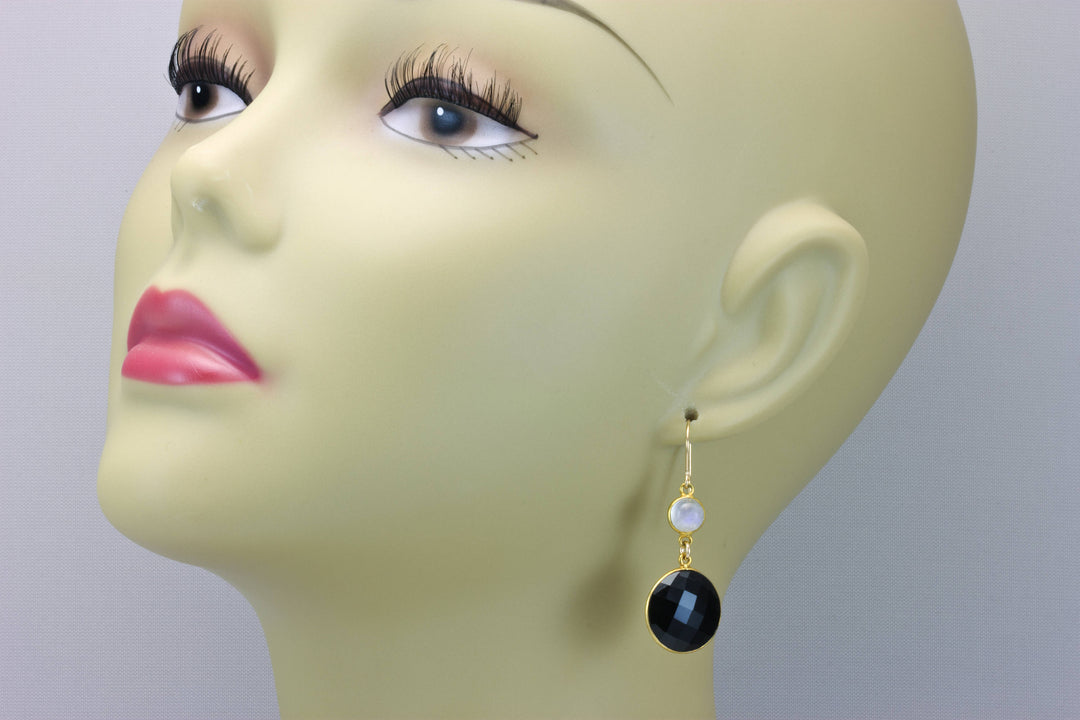 Black Onyx Earrings Round Moonstones 14k Solid Yellow Gold or Filled Bezeled Teardrop Dangle Simple Design Classic Simple Neutral Large Drop