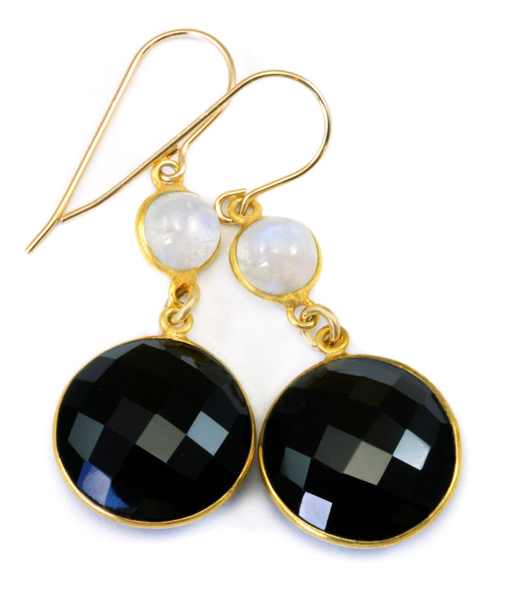 Black Onyx Earrings Round Moonstones 14k Solid Yellow Gold or Filled Bezeled Teardrop Dangle Simple Design Classic Simple Neutral Large Drop