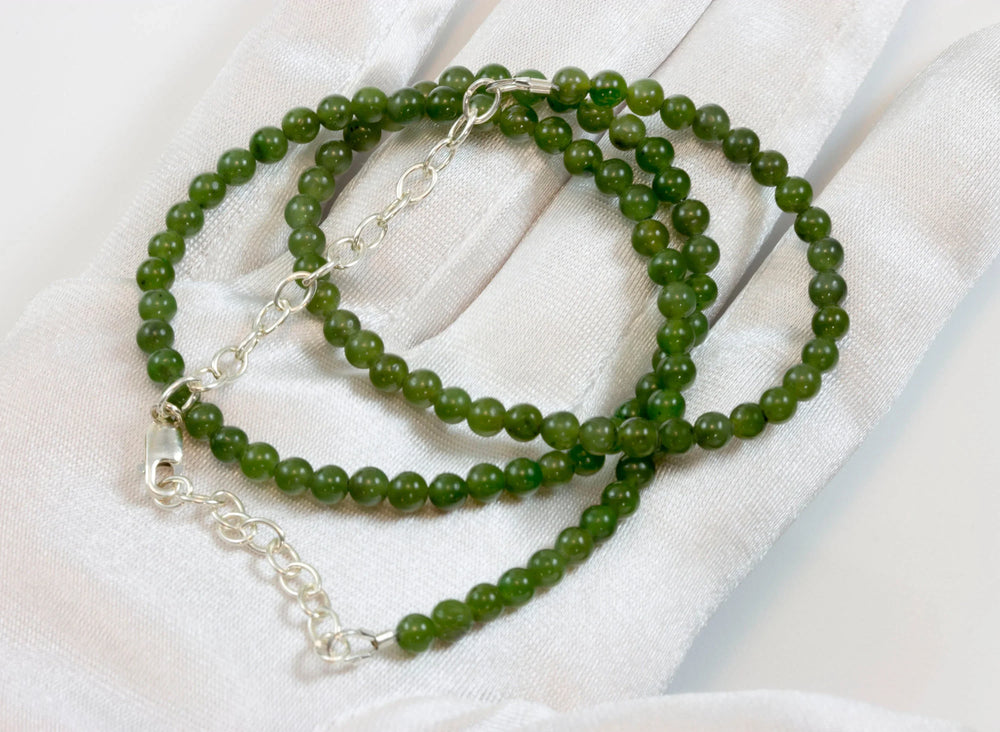 Jade Necklace Green Nephrite Sterling Silver or 14k Gold Filled Chain 18 Inches Natural Solid Strand Round Smooth Simple 4mm Classic - Spyglass Designs