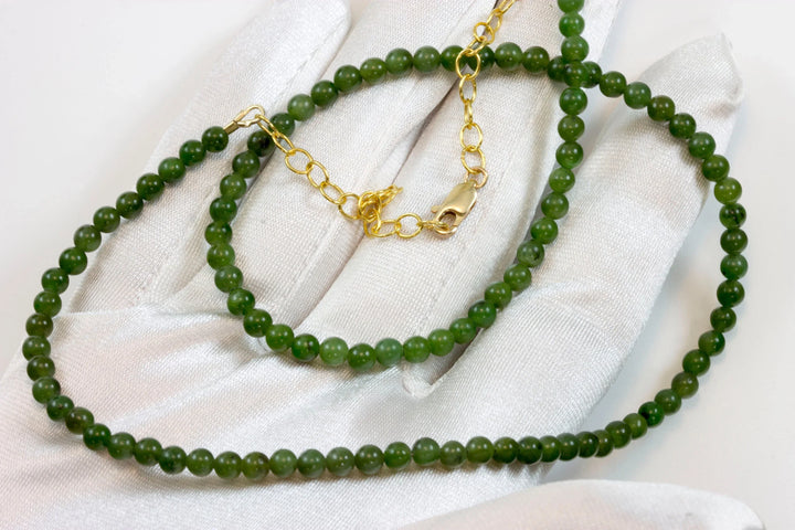 Jade Necklace Green Nephrite Sterling Silver or 14k Gold Filled Chain 18 Inches Natural Solid Strand Round Smooth Simple 4mm Classic - Spyglass Designs