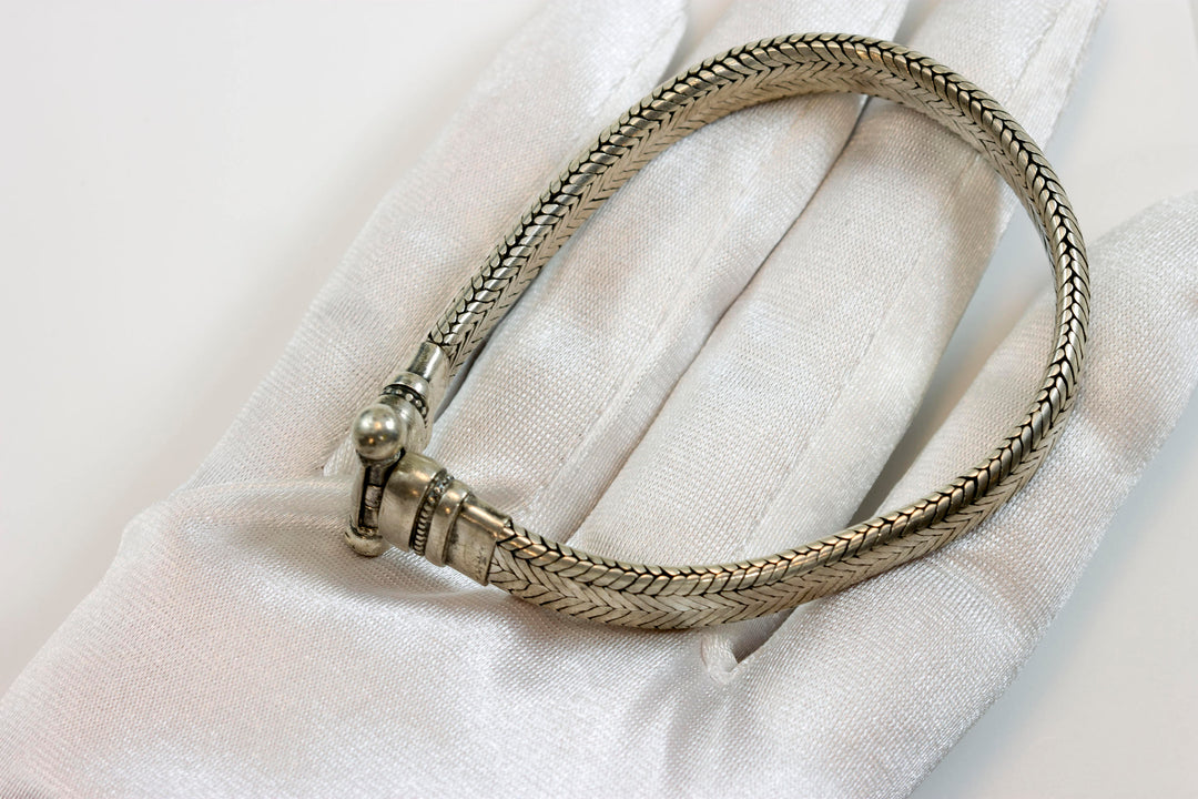 Men's Women's Silver Bracelet Tibetan Handmade Hook Clasp Large Chunky Flat Snake Style 7 7.25 7.5 Inches special bar clasp Earthy Everyday
