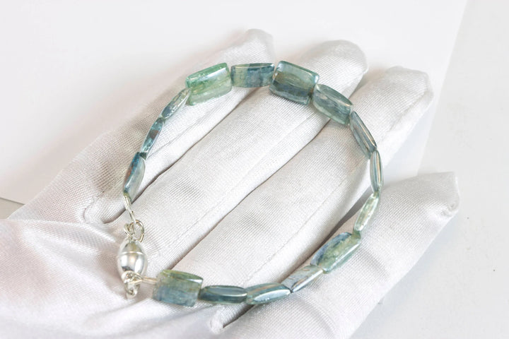 Kyanite Bracelet Yellow 14k Gold Plate or Silver Silvery Blue Very Rare Rectangle Cut and Color 7" Iridescent Unique Color - Spyglass Designs