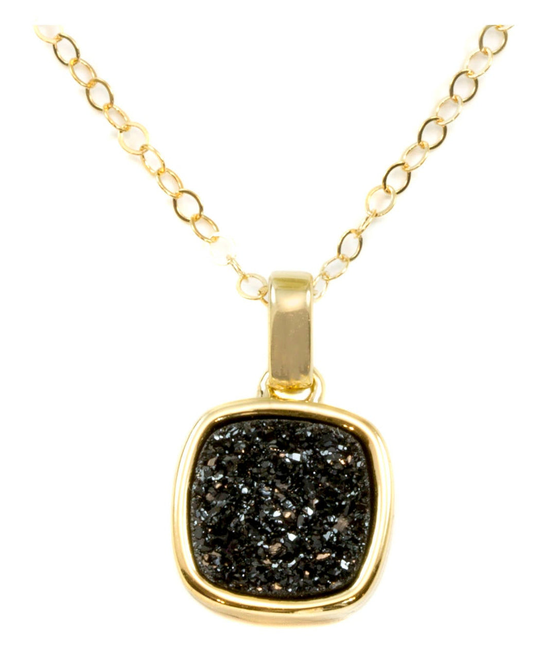 Drusy Pendant Necklace 14k Gold Fill Bezeled Black Peacock Blue Silver Variety Purple Heart Round Square Teardrop Small Dainty 20 Inch Chain
