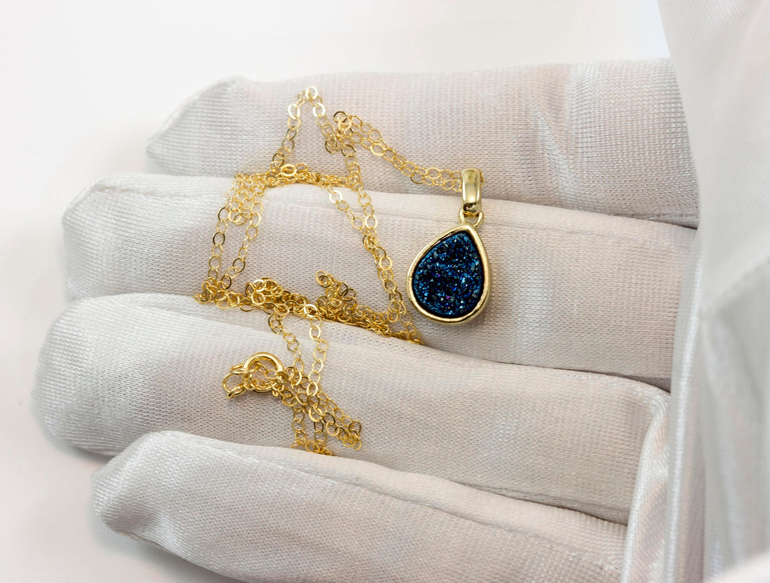 Drusy Pendant Necklace 14k Gold Fill Bezeled Black Peacock Blue Silver Variety Purple Heart Round Square Teardrop Small Dainty 20 Inch Chain