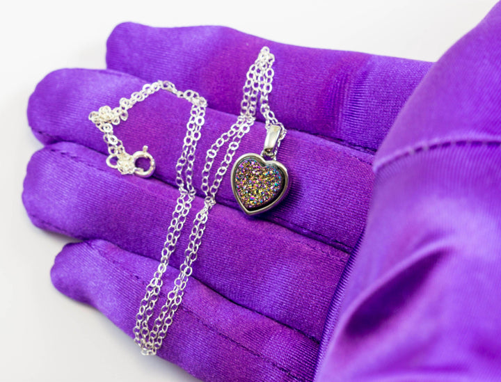 Drusy Pendant Necklace Sterling Silver Bezeled Black Peacock Blue Silver Variety Purple Heart Round Square Teardrop Small Dainty 20 Inch