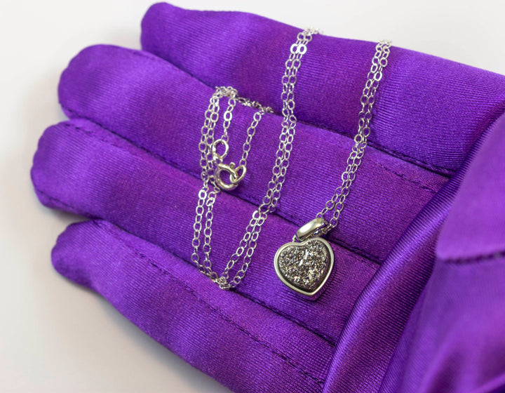 Drusy Pendant Necklace Sterling Silver Bezeled Black Peacock Blue Silver Variety Purple Heart Round Square Teardrop Small Dainty 20 Inch