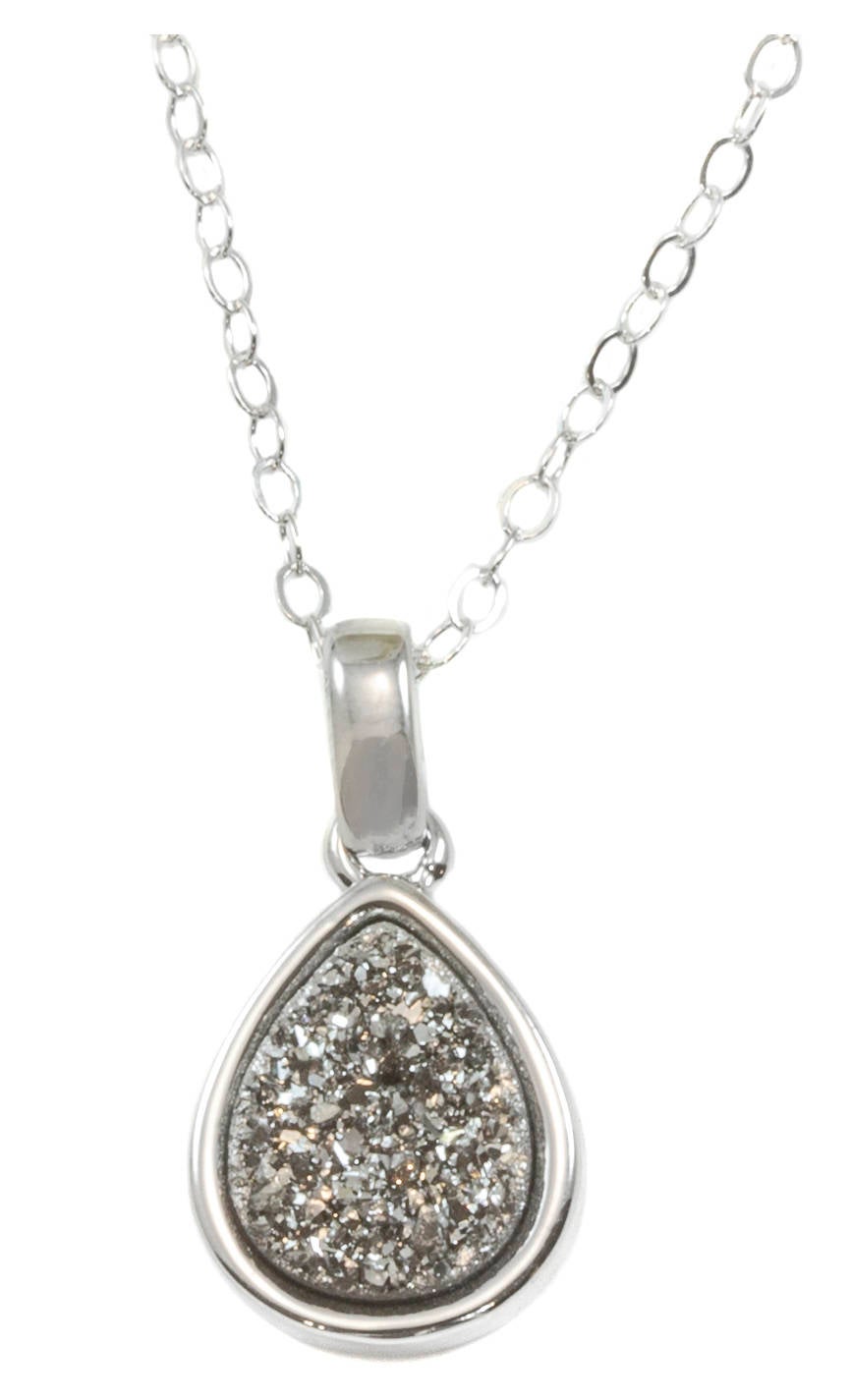 Drusy Pendant Necklace Sterling Silver Bezeled Black Peacock Blue Silver Variety Purple Heart Round Square Teardrop Small Dainty 20 Inch