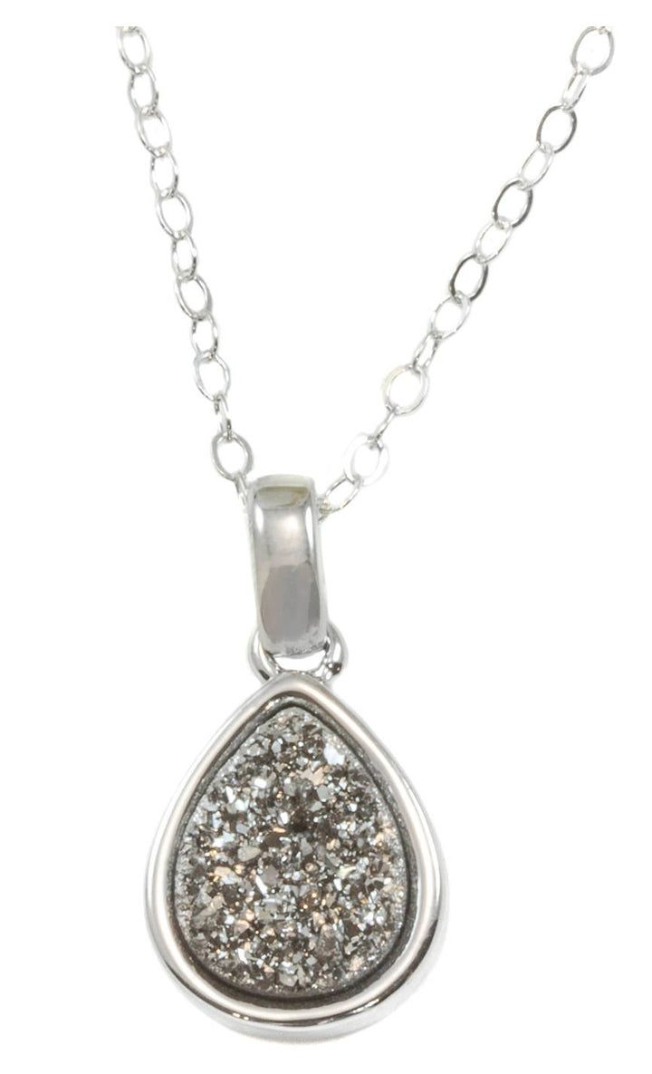 Drusy Pendant Necklace Sterling Silver Bezeled Black Peacock Blue Silver Variety Purple Heart Round Square Teardrop Small Dainty 20 Inch