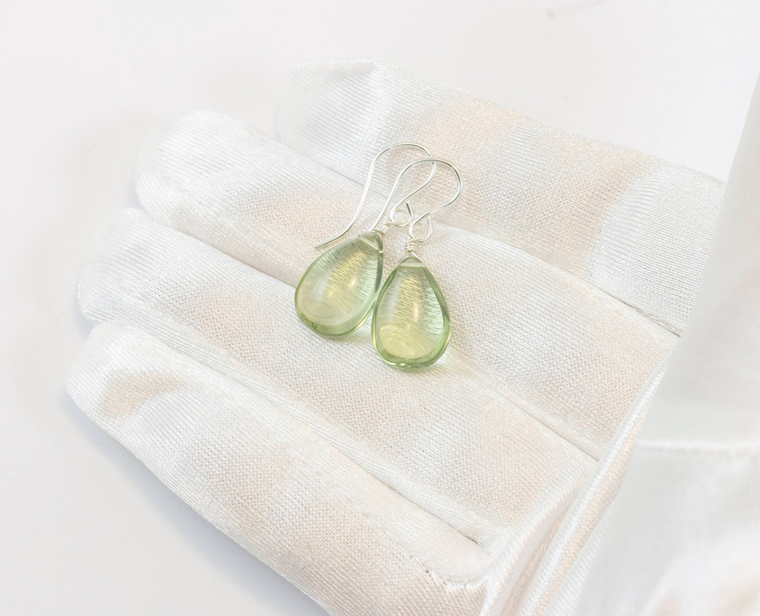 Green Prasiolite Amethyst Earrings Smooth Teardrop Drops Sterling Silver or 14k Solid Gold or Filled Pear Classic Simple  Soft Pale Green