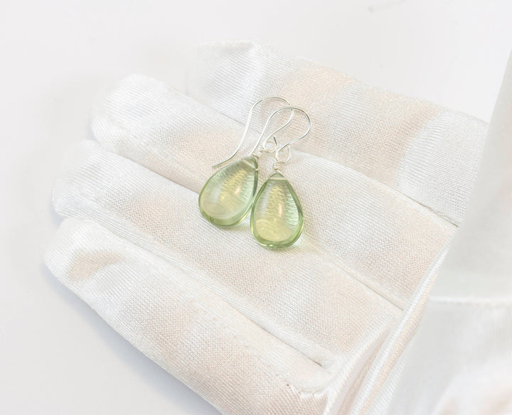 Green Prasiolite Amethyst Earrings Smooth Teardrop Drops Sterling Silver or 14k Solid Gold or Filled Pear Classic Simple  Soft Pale Green